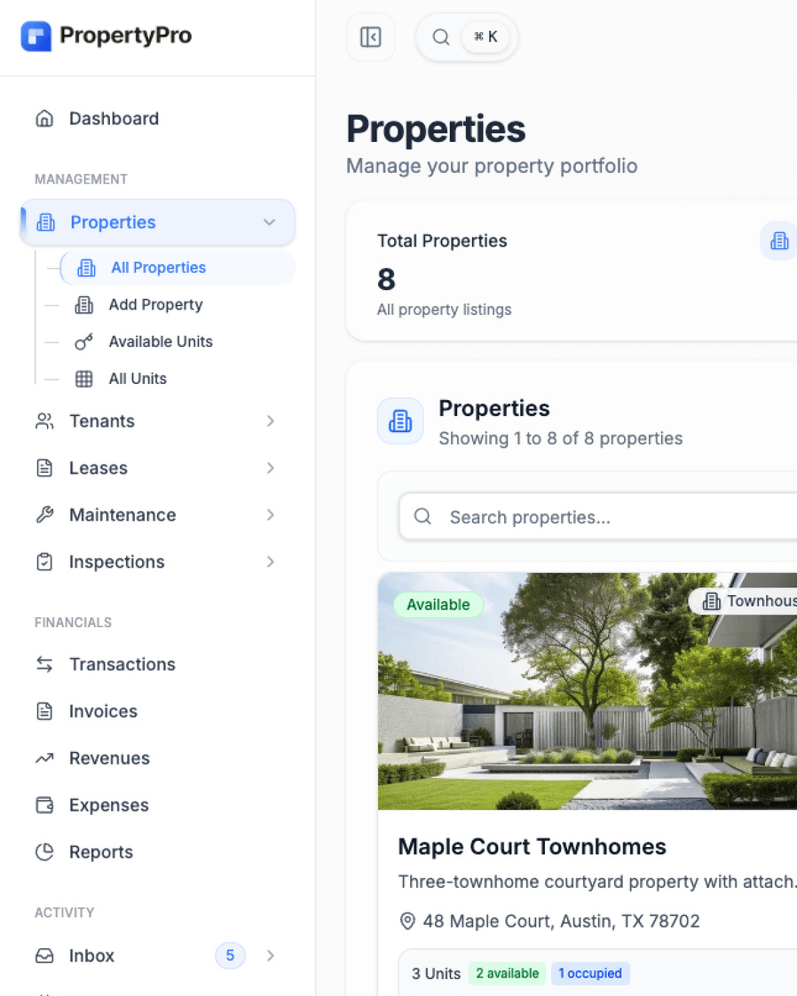 The PropertyPro properties dashboard
