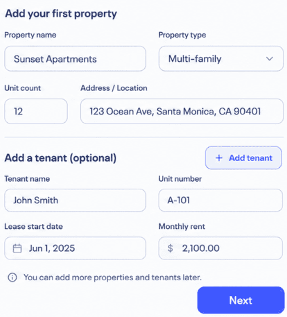 Add your first property, with an optional first tenant